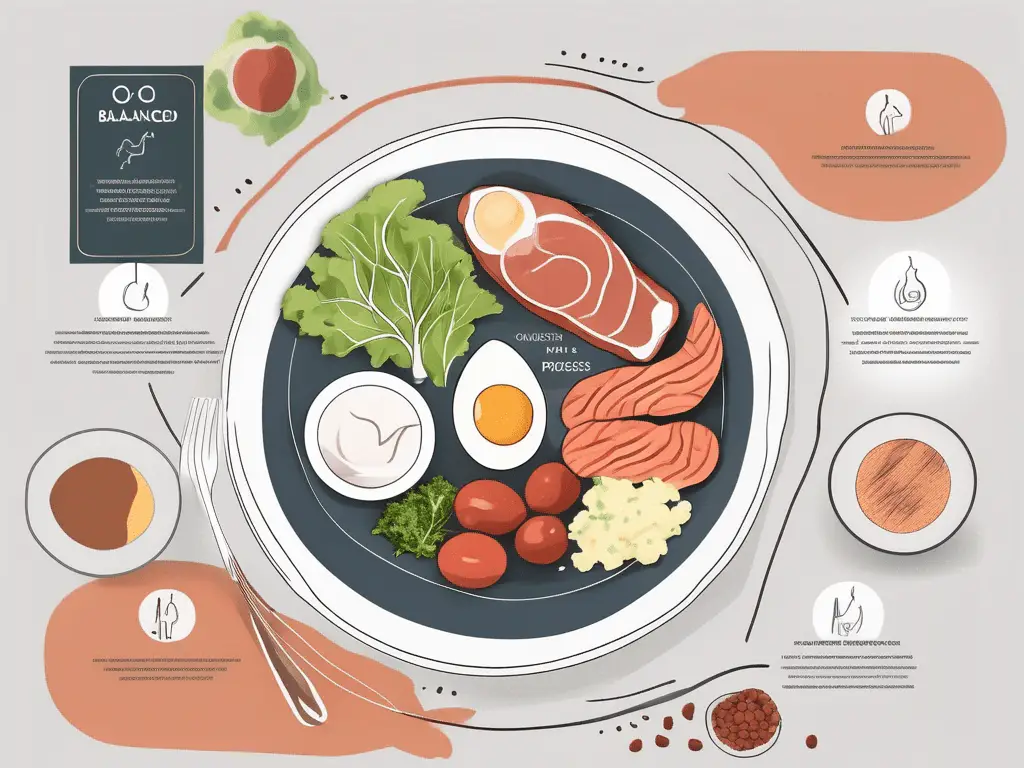 A balanced meal with low-carb foods alongside a diagram of a body in ketosis